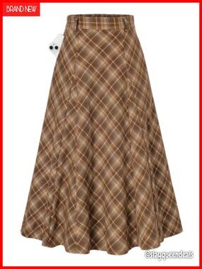 Women Plaid Midi Skirt High Waist A-Line with Pockets